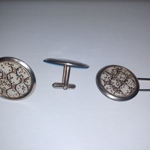 Mid Century Round Gold Tone Cuff Links Tie Bar